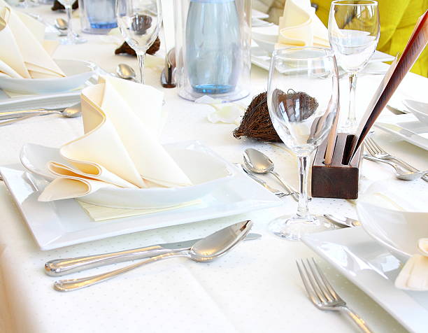 istock Decorated table in restaurant waiting for guests 454365223