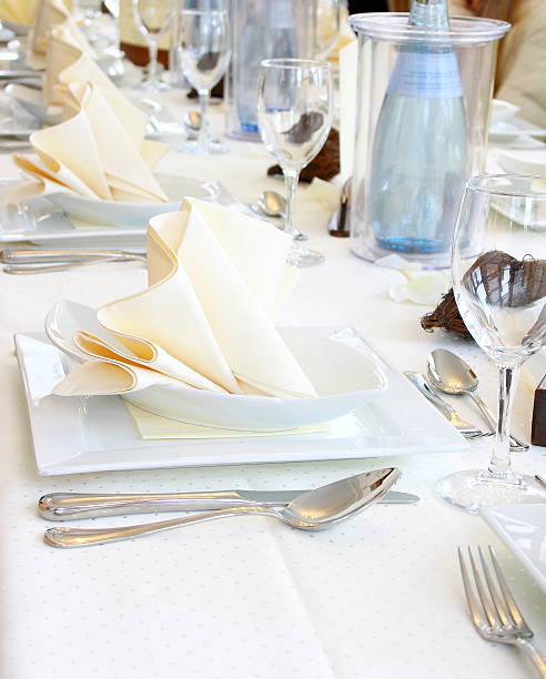 istock Decorated table in restaurant waiting for party 454365225