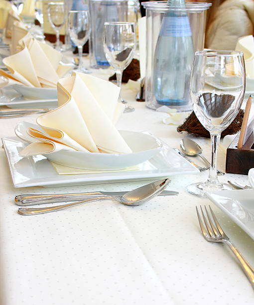 istock Decorated table in restaurant waiting for wedding 454365229