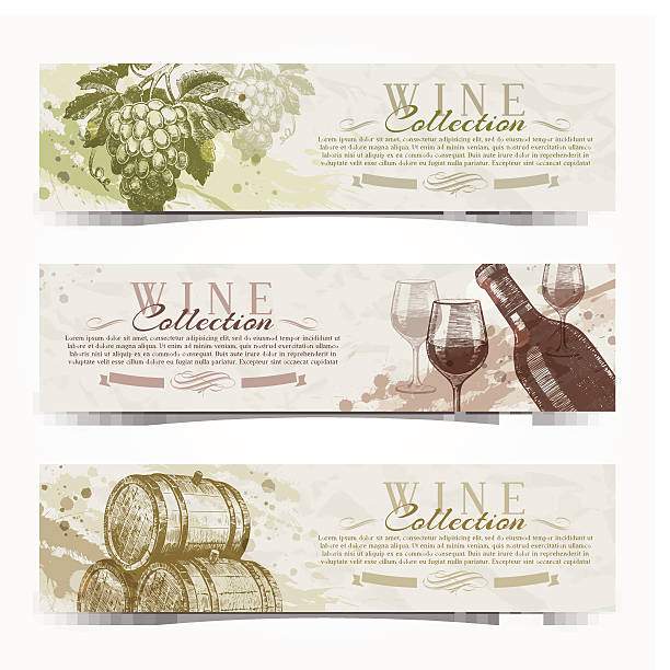stockillustraties, clipart, cartoons en iconen met wine and winemaking - vintage banners with hand drawn elements - wijnmakerij