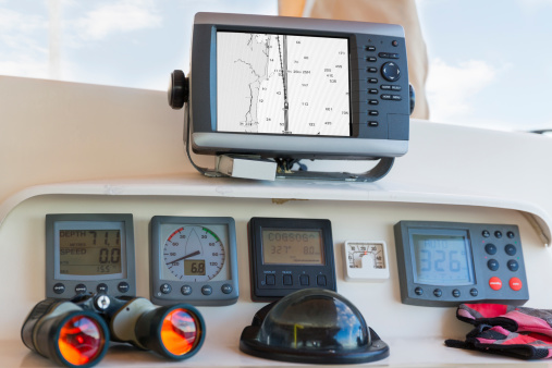 Photo of sail boat, yacht cockpit.