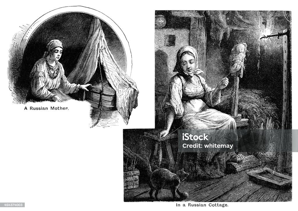 Russian mother and cottage - Victorian engraving Two scenes from Russian peasant life - a mother with a baby in its cradle and a woman in a cottage, spinning wool and looking at her cat, as seen through the eyes of a British Victorian illustrator. From “The Mothers’ Companion”, Vol IX, published in 1895 by S W Partridge & Co, London. Baby - Human Age stock illustration