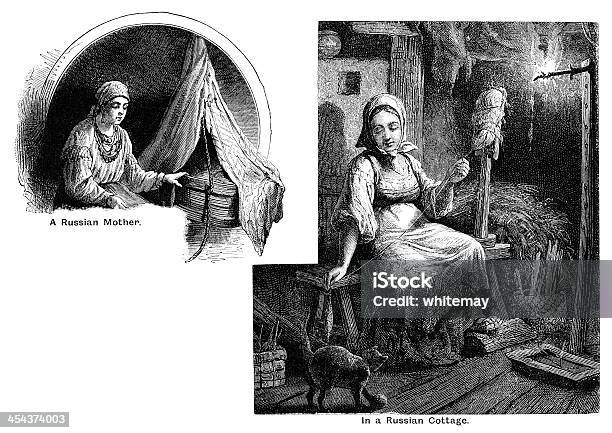 Russian Mother And Cottage Victorian Engraving Stock Illustration - Download Image Now - Baby - Human Age, Employment And Labor, Spinning