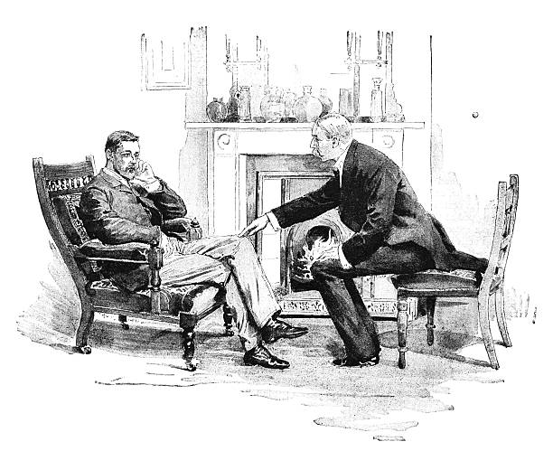 eine abbildung von zwei männer unterhalten sich neben einem feuer - english culture talking men listening stock-grafiken, -clipart, -cartoons und -symbole