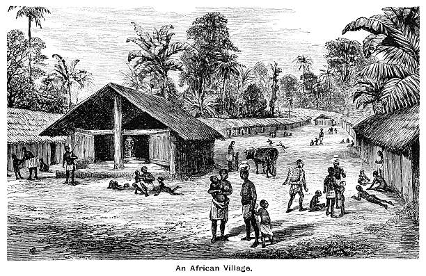 illustrazioni stock, clip art, cartoni animati e icone di tendenza di un villaggio africano-incisione vittoriano - hut africa grass hut mud hut