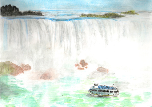 A drawing of the Canadian Niagara Falls made with colored pencils.