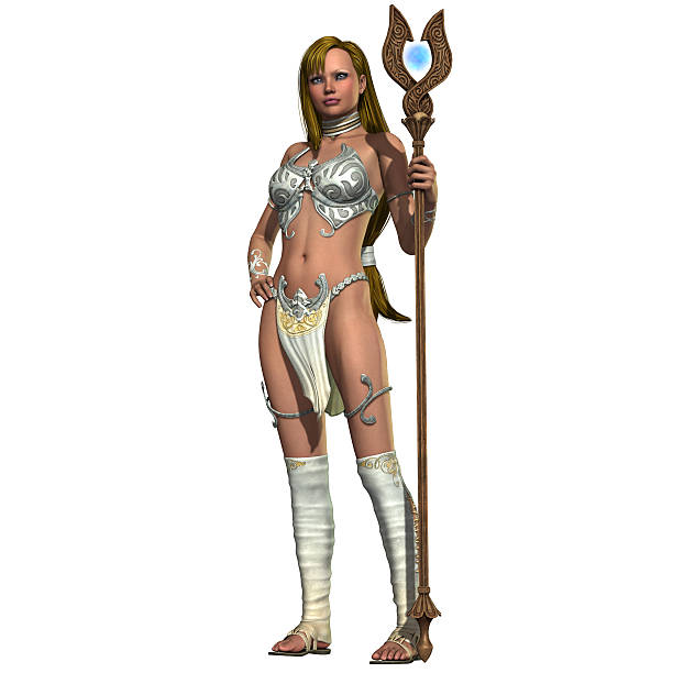 Sabby Lessa Woman Warrior Isolated figure of a woman warrior ready for battle with a magic staff. sabby stock pictures, royalty-free photos & images