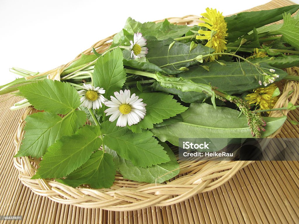 Wild herbs in basket Wild herbs in basket - Wildkräuter im Korb Basket Stock Photo