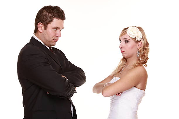 istock Wedding couple, conflict bad relationships angry expression. 454379599
