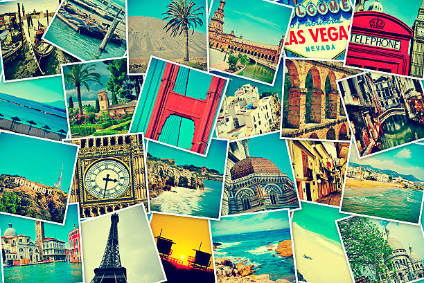 photo-sharing mosaic with pictures of different places and landmarks, shooted by myself, simulating a wall of snapshots uploaded to social networking services travel destinations photos stock pictures, royalty-free photos & images