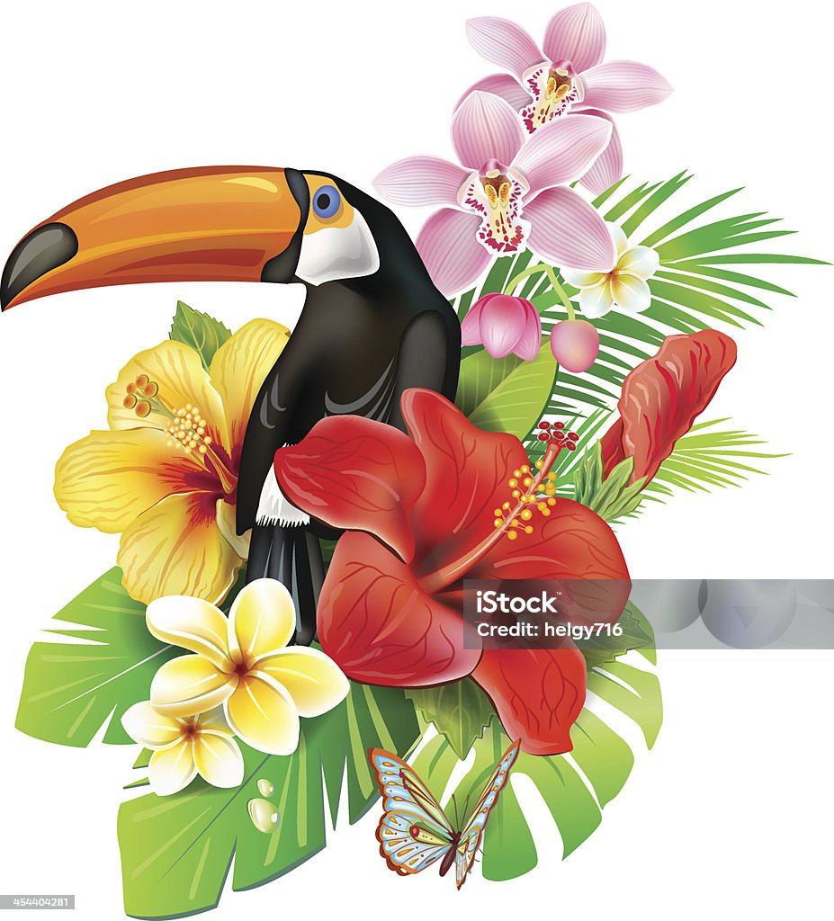 Tropical flowers and toucan Animal stock vector