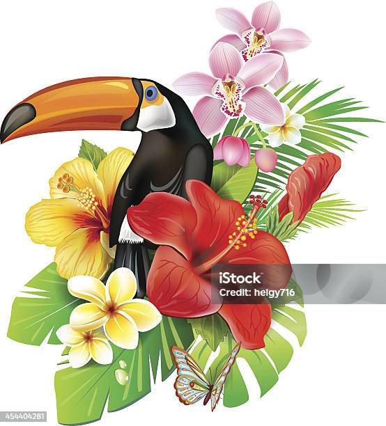 Tropical Flowers And Toucan Stock Illustration - Download Image Now - Animal, Beak, Bird