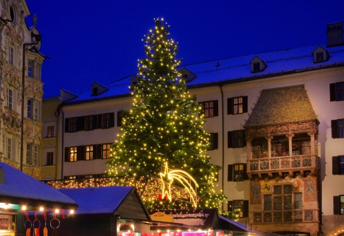 Close-up of Innsbruck Christmas market at night