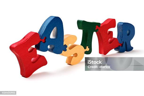 Easter Puzzle Painted Wood Letters Stock Photo - Download Image Now - Alphabet, Art And Craft, Blue