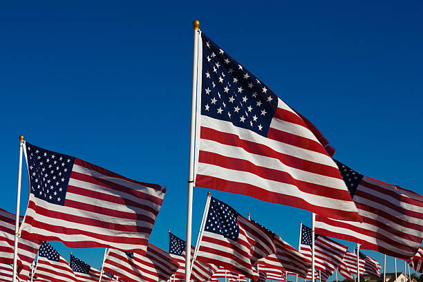 istock Dispaly of American flags with a sky background 454410237