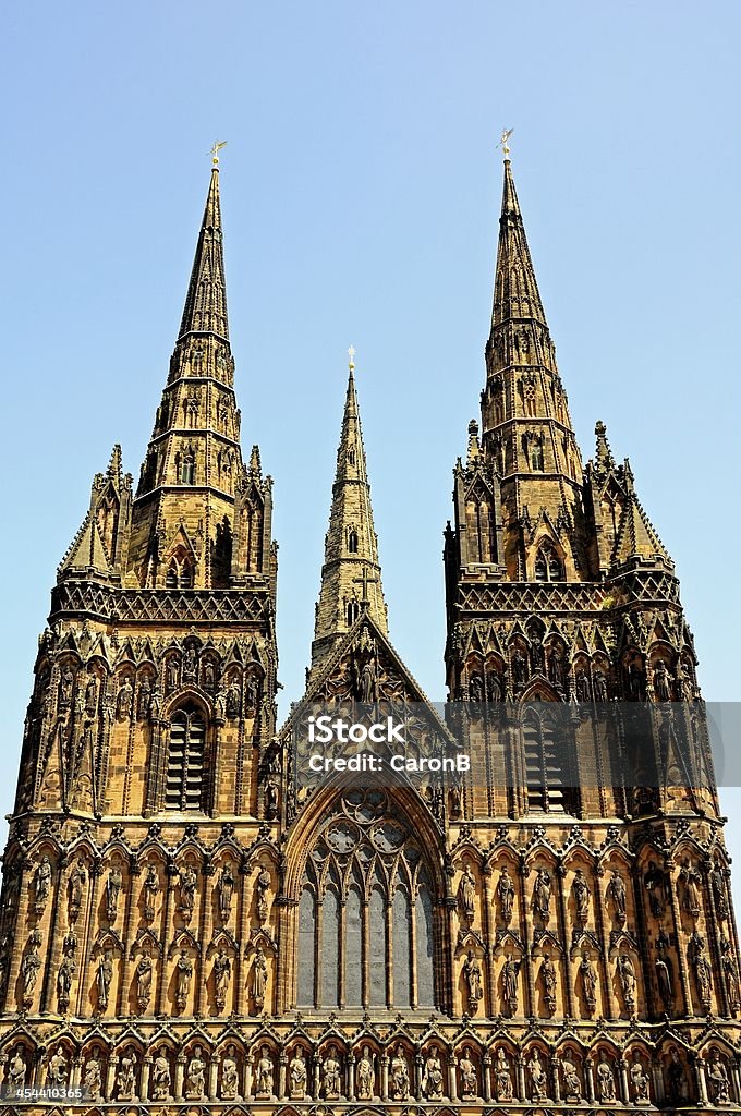 West front of Cathedral, Lichfield, England. West front view of the Cathedral, Lichfield, Staffordshire, England, Western Europe. Anglican Stock Photo