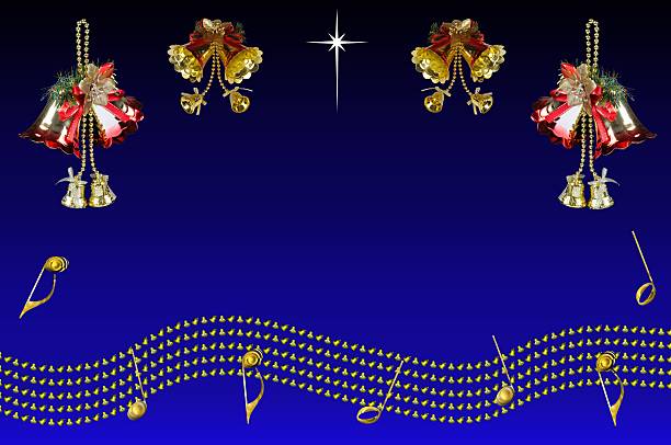 Christmas bells with musical stave and notes against a blue background with copy space.