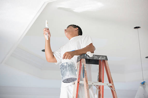 Painter painting a ceiling. A house painter stands on a ladder to paint the ceiling.  rr house painter ladder paint men stock pictures, royalty-free photos & images