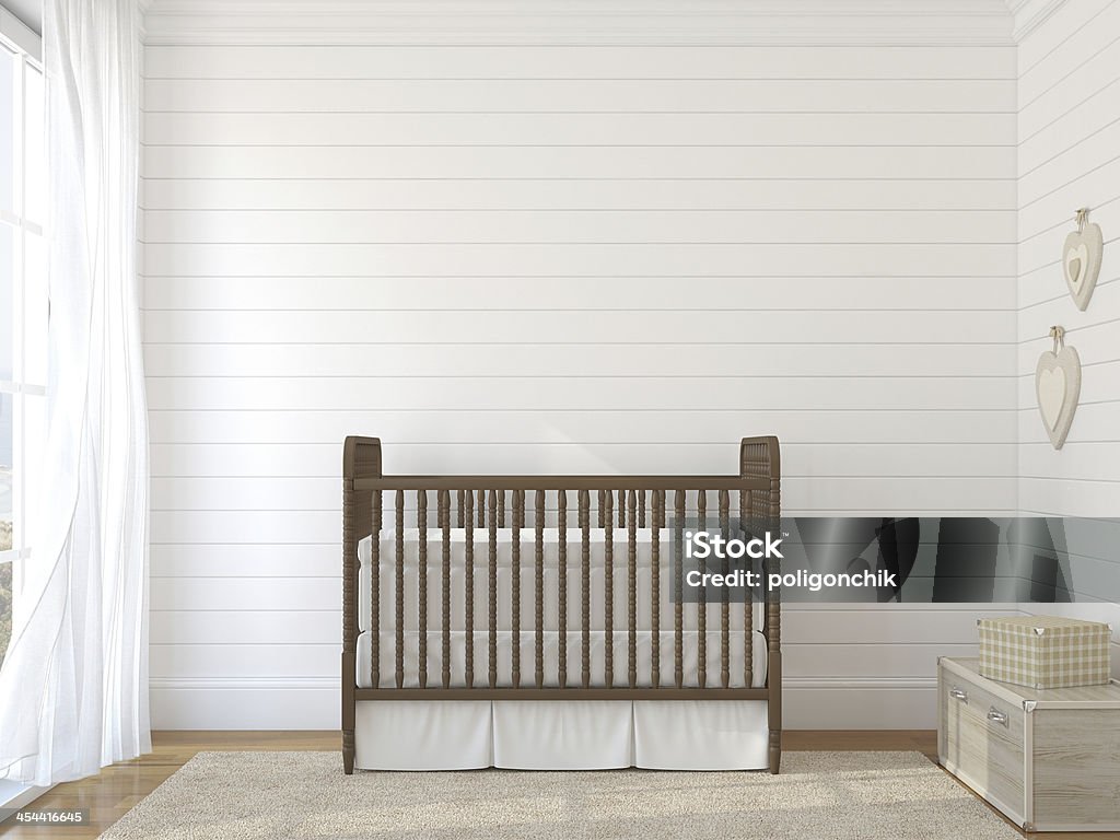 Brown crib against white brick wall near window Interior of nursery with vintage crib. 3d render. Photo behind the window was made by me. Crib Stock Photo