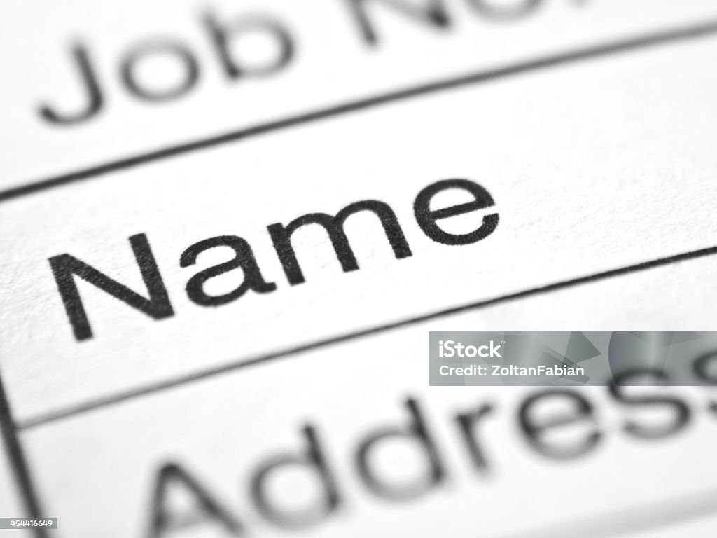 Customer's name Contract or report form close up with customer's name. Individuality Stock Photo