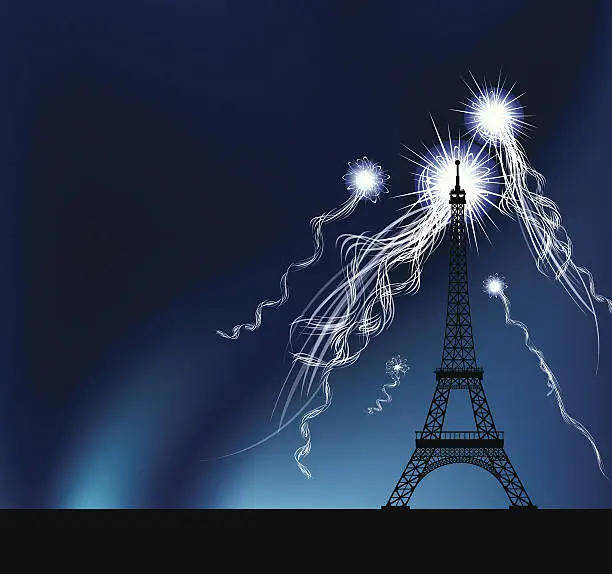 Vector illustration of Paris France - Eiffel Tower with Fireworks