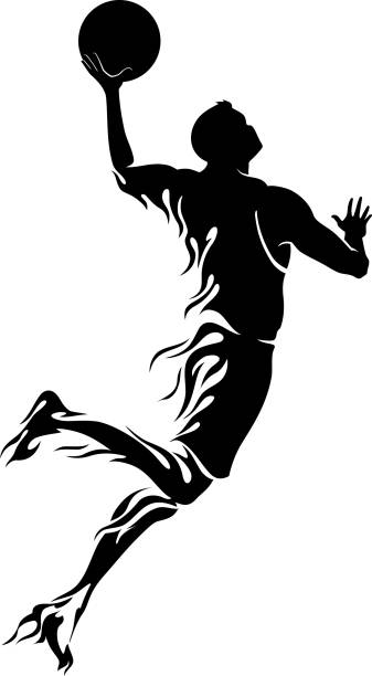 Basketball Player with Flame Trail Abstract silhouette flames of an athlete pushing his limits. silhouette of basketball player slam dunk stock illustrations