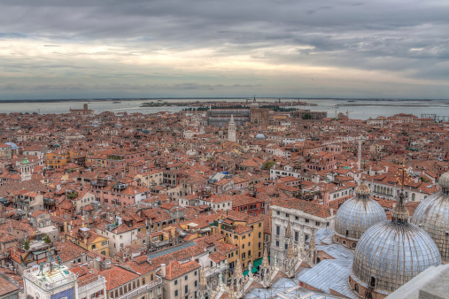 view over the red rooftops of Venice, aerial view