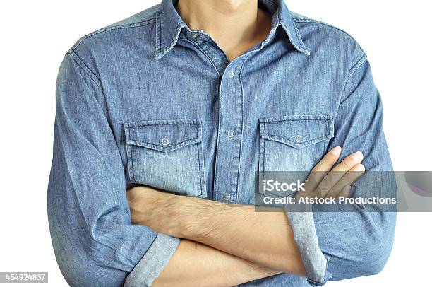 Man Wearing Jean Shirt Crossing His Arms Stock Photo - Download Image Now - Adult, Adults Only, Blue