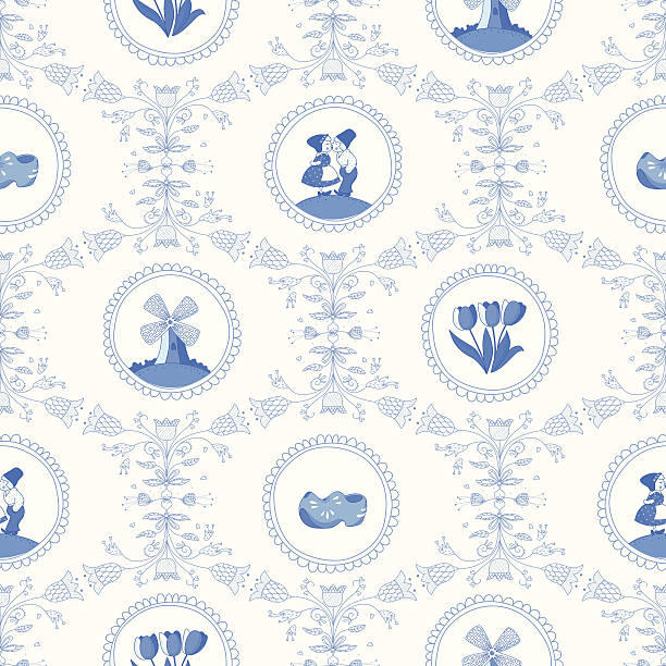 delft blue bezszwowe wzór - child craft flower single flower stock illustrations