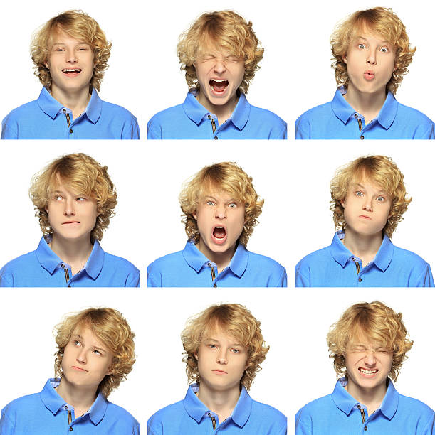 istock Teenage boy with curly blond hair expression collection on white 454928029