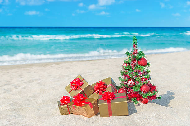 Christmas tree and many gift boxes on sea beach Christmas tree and golden gift with big red bow on the sea sandy beach. Christmas vacation concept. maldivian culture stock pictures, royalty-free photos & images
