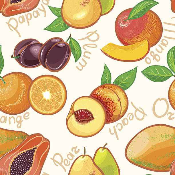 illustrazioni stock, clip art, cartoni animati e icone di tendenza di seamless frutta esotica - 2 - peach fruit portion orange