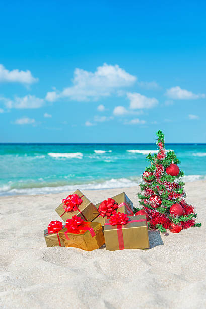 istock Christmas tree and many gift boxes on sea beach 454945139