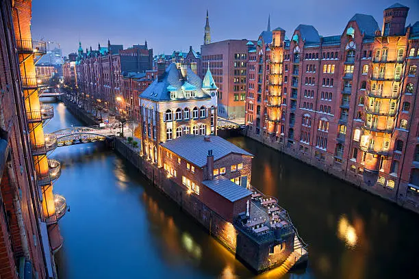 Image of Hamburg- Speicherstadt during twilight blue hour.
