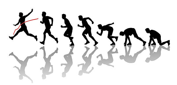 silhouettes of young man winning a marathon silhouettes of a young man starting running, running and crossing a red finish line winning a race charging sports photos stock pictures, royalty-free photos & images