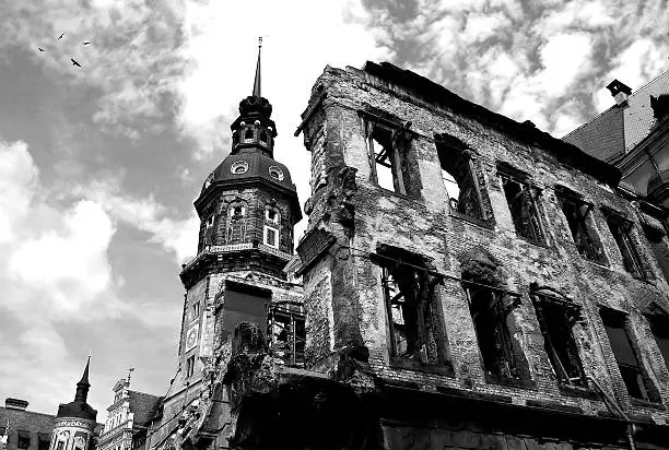 Ruins and remains of World War II in Dresden, Germany.