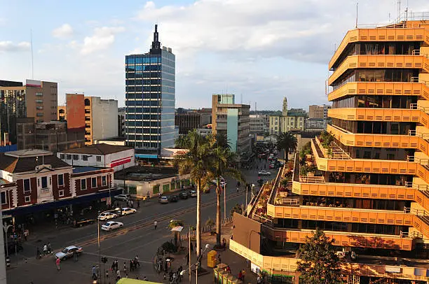 Street view in downtown Nairobi, Kenya. Kenyatta Avenue at Kimathi Street. No recognizable people of license plates - photo by M.Torres