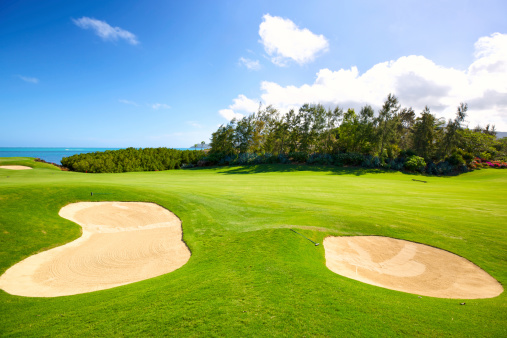 Golf course with sand bunkers in Mauritius Island