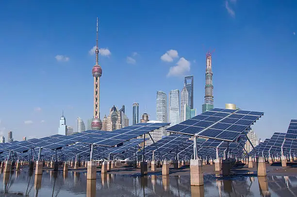 Photo of Shanghai Bund skyline landmark ,Ecological energy renewable sola
