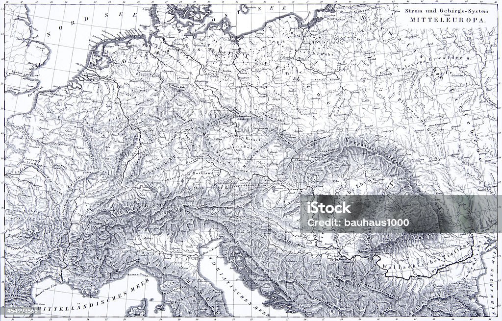 Gravieren: Berge und den Fluss Systemen Europas - Lizenzfrei 19. Jahrhundert Stock-Illustration