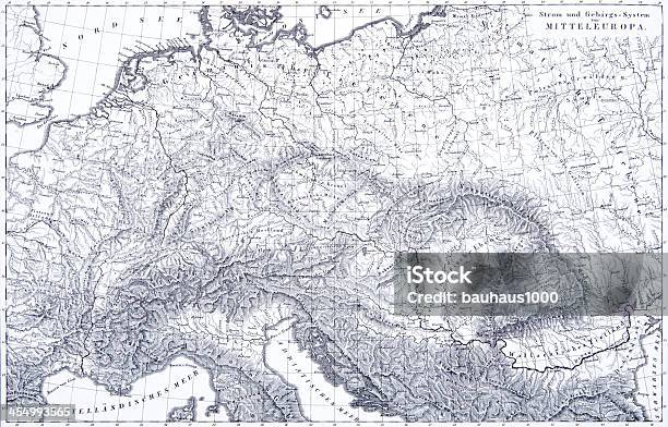 Gravieren Berge Und Den Fluss Systemen Europas Stock Vektor Art und mehr Bilder von 19. Jahrhundert - 19. Jahrhundert, Berg, Diagramm