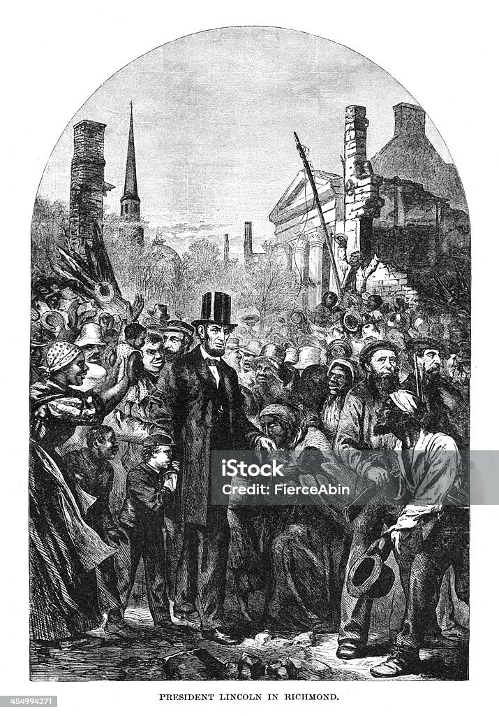 Lincoln in Richmond - Antique Engraving Antique engraved image titled "President Lincoln in Richmond". Abraham Lincoln stock illustration
