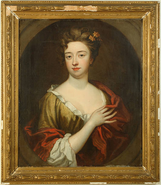 17th Century Portrait, Oil on Canvas This is an original unsigned 17th century painting. The artist is unknown but it is in the style of Sir Peter Lely (Dutch/British, 1618-1680). A portrait of Anna Maria Talbot (1642-1702), Countess of Shrewsbury from 1659-1668 by virtue of her marriage to Francis Talbot the 11th Earl of Shrewsbury, England. Francis Talbot died from wounds received in a duel with Anna's lover, the second Duke of Buckingham. In a beat-up gilt wood frame. antique picture frame stock pictures, royalty-free photos & images
