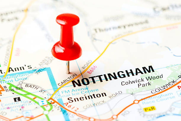 United Kingdom capital cities on map series: Nottingham Source: "World reference atlas"Source: "World reference atlas" nottinghamshire map stock pictures, royalty-free photos & images