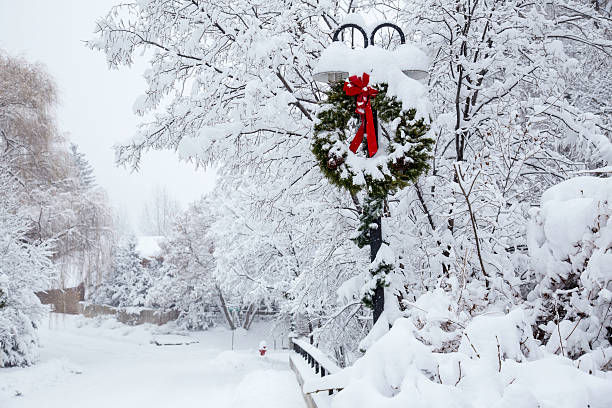 A Christmas wreath on a light pole, covered in snow.