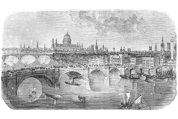 London bridge engraving from 1872 Engraving of London bridge from 1872 18th century style stock illustrations