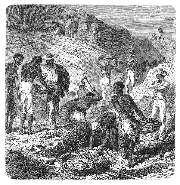 Brazil slaves working at brazilian diamond mine 1872 Engraving of slaves working at brazilian diamond mine drawing of slaves working stock illustrations