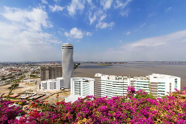 A modern skyscraper in Guayaquil as seen from the top of the Santa Ana hill, Ecuador