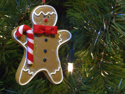 Christmas Gingerbread man ornament hanging on a Christmas tree.