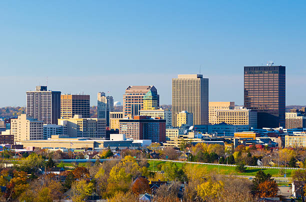 Dayton, OH skyline Dayton, Ohio downtown skyline, view taken during Autumn. dayton ohio skyline stock pictures, royalty-free photos & images